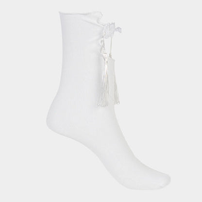 Buddha Stones Pure Color Chinese Frog-Button Tassels Design Women's Micro Crew Cotton Socks