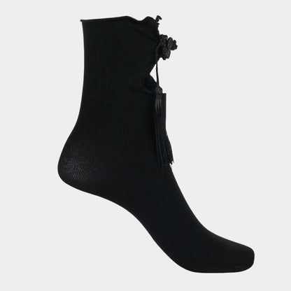 Buddha Stones Pure Color Chinese Frog-Button Tassels Design Women's Micro Crew Cotton Socks