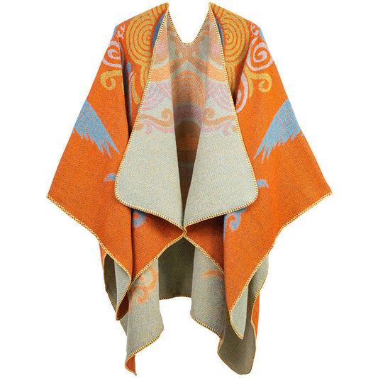 Buddha Stones Tibetan Open Front Auspicious Cloud Crane Pattern Unisex Cozy Scarf Shawl