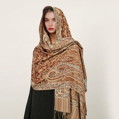 Buddha Stones Ethnic Daily Tibetan Paisley Pattern Tassel Cozy Scarf Shawl