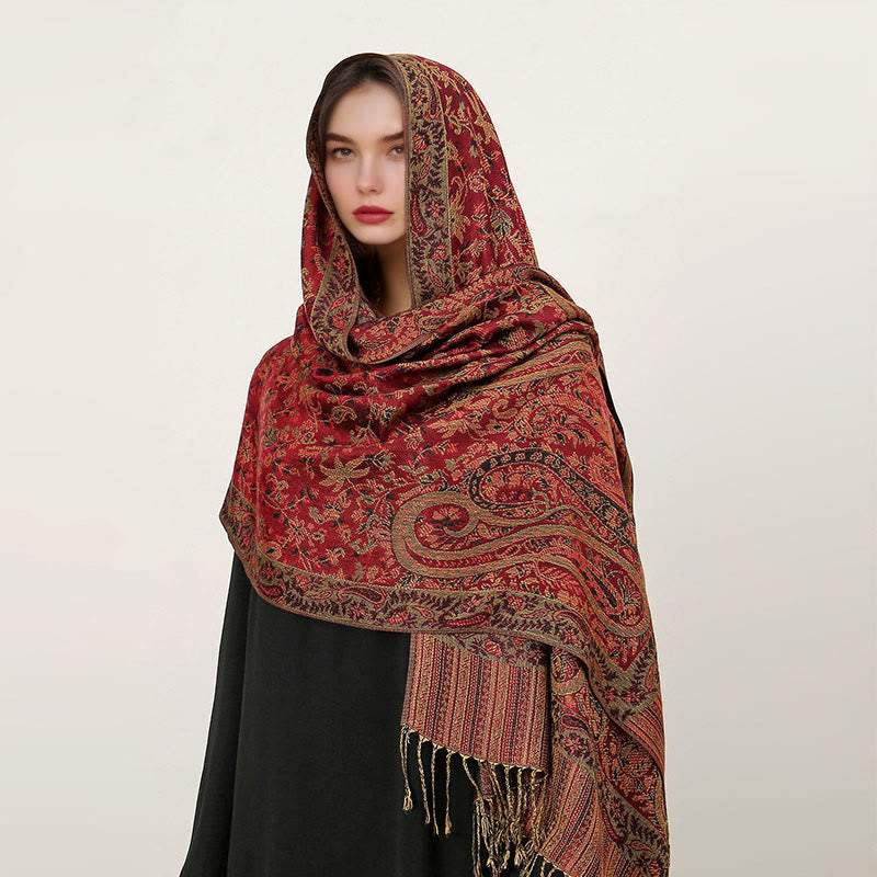 Buddha Stones Ethnic Daily Tibetan Paisley Pattern Tassel Cozy Scarf Shawl