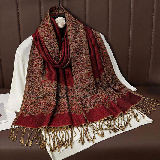 Buddha Stones Winter Ethnic Tibetan Jacquard Paisley Printing Pattern Tassel Cozy Scarf Shawl