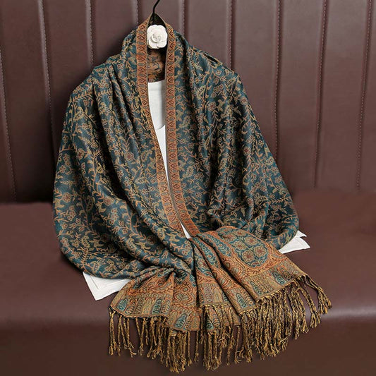 Buddha Stones Tibetan Jacquard Paisley Flower Pattern Color Contrast Design Tassel Cozy Scarf Shawl