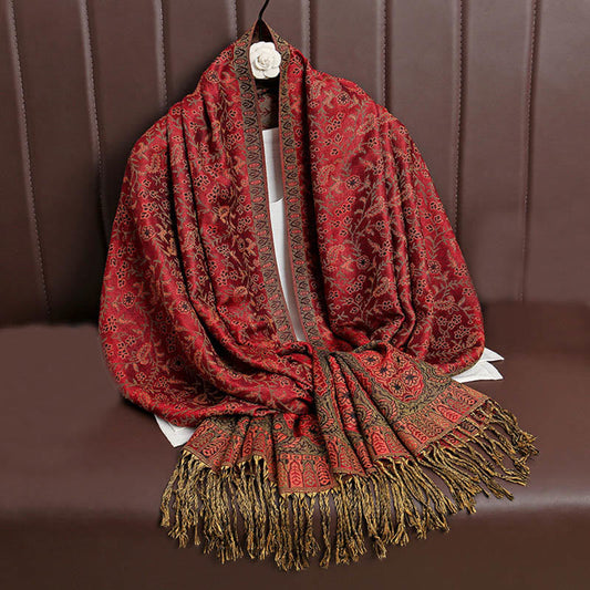 Buddha Stones Tibetan Jacquard Paisley Flower Pattern Color Contrast Design Tassel Cozy Scarf Shawl