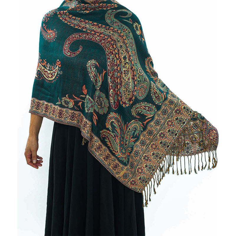 Buddha Stones Bohemia Style Tibetan Paisley Floral Pattern Tassel Cozy Scarf Shawl