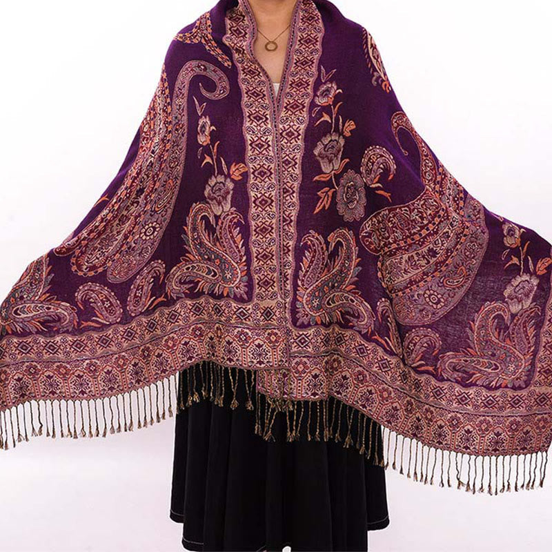 Buddha Stones Bohemia Style Tibetan Paisley Floral Pattern Tassel Cozy Scarf Shawl