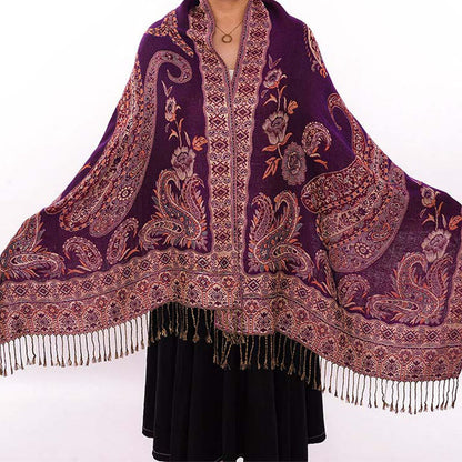 Buddha Stones Bohemia Style Tibetan Paisley Floral Pattern Tassel Cozy Scarf Shawl