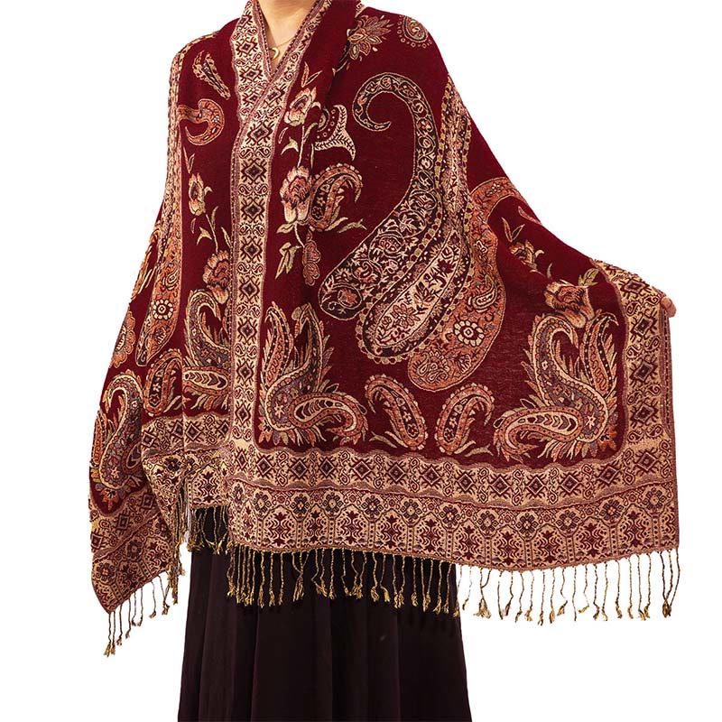 Buddha Stones Bohemia Style Tibetan Paisley Floral Pattern Tassel Cozy Scarf Shawl