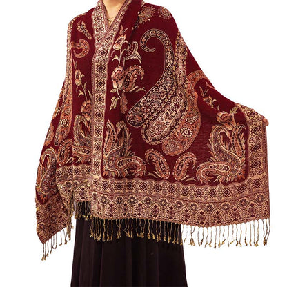 Buddha Stones Bohemia Style Tibetan Paisley Floral Pattern Tassel Cozy Scarf Shawl