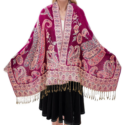 Buddha Stones Bohemia Style Tibetan Paisley Floral Pattern Tassel Cozy Scarf Shawl
