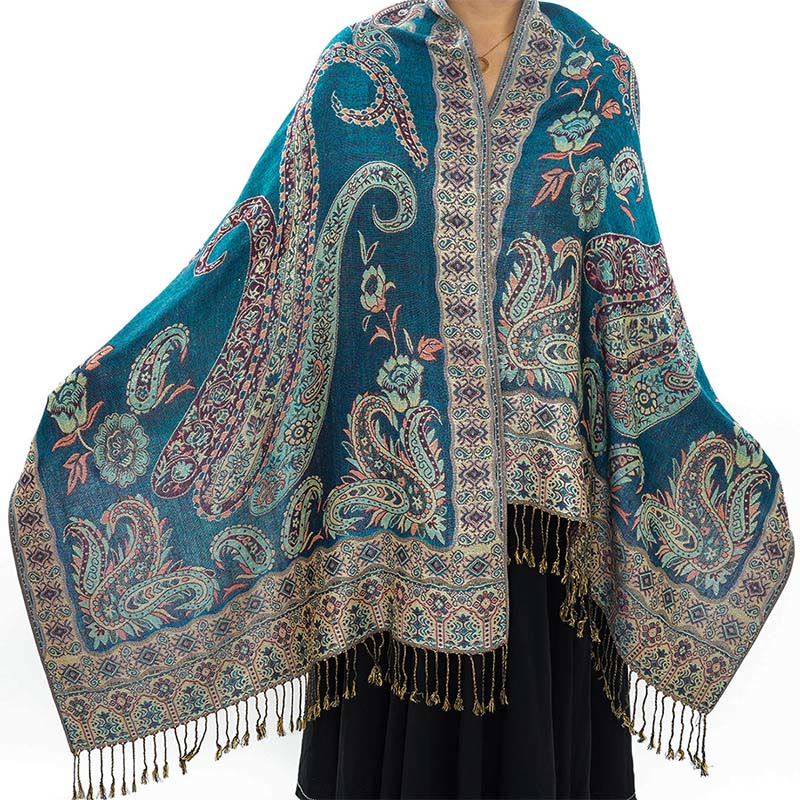 Buddha Stones Bohemia Style Tibetan Paisley Floral Pattern Tassel Cozy Scarf Shawl
