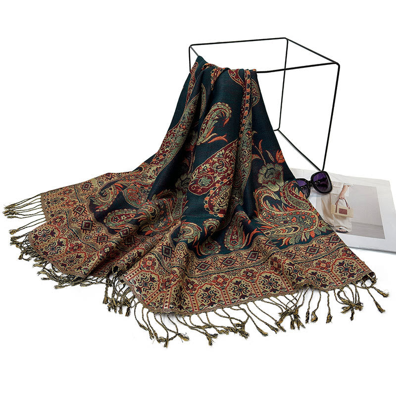 Buddha Stones Bohemia Style Tibetan Paisley Floral Pattern Tassel Cozy Scarf Shawl