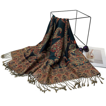 Buddha Stones Bohemia Style Tibetan Paisley Floral Pattern Tassel Cozy Scarf Shawl