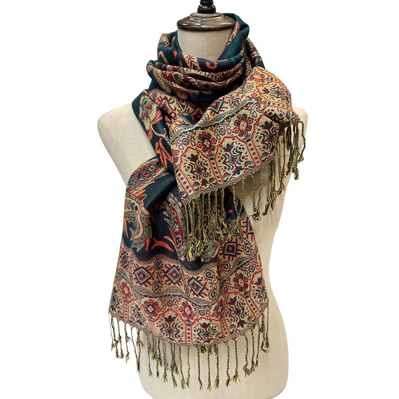Buddha Stones Bohemia Style Tibetan Paisley Floral Pattern Tassel Cozy Scarf Shawl