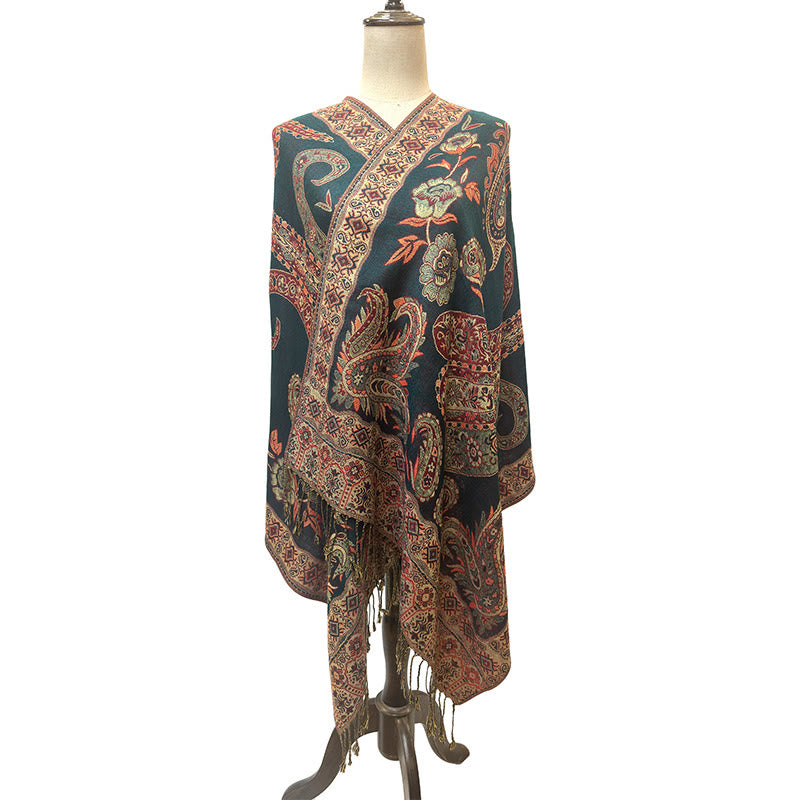 Buddha Stones Bohemia Style Tibetan Paisley Floral Pattern Tassel Cozy Scarf Shawl