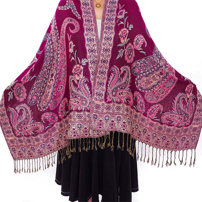 Buddha Stones Bohemia Style Tibetan Paisley Floral Pattern Tassel Cozy Scarf Shawl