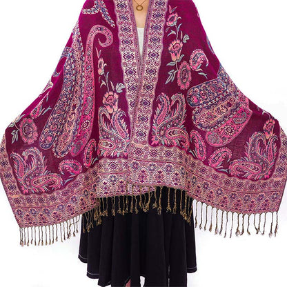 Buddha Stones Bohemia Style Tibetan Paisley Floral Pattern Tassel Cozy Scarf Shawl