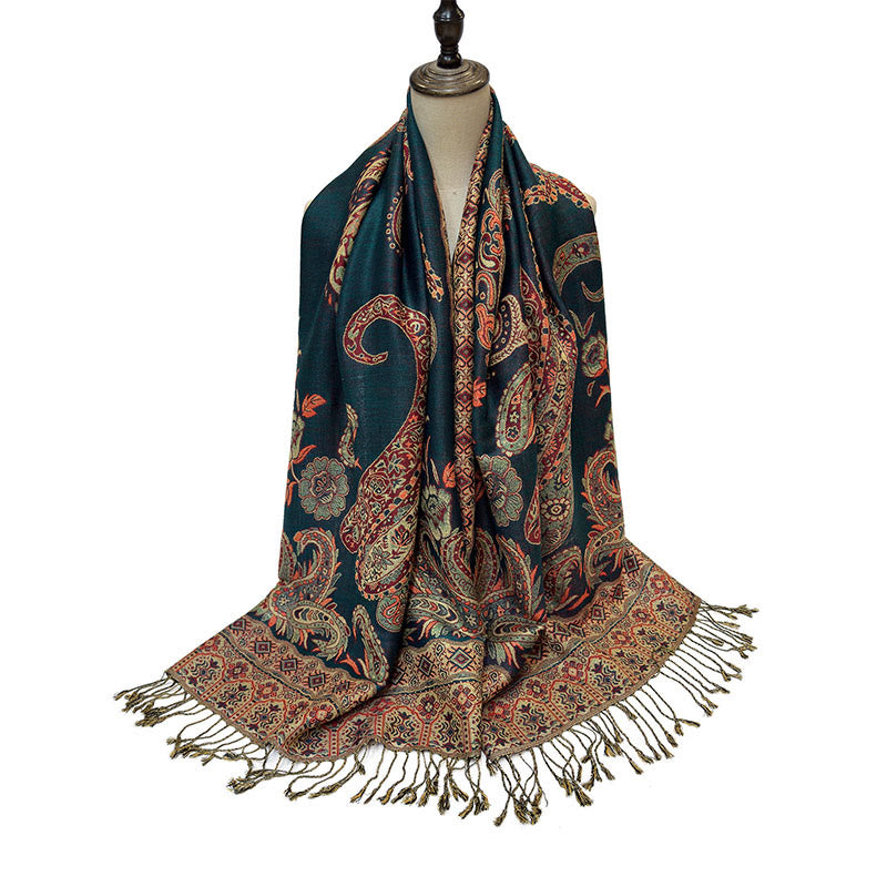 Buddha Stones Bohemia Style Tibetan Paisley Floral Pattern Tassel Cozy Scarf Shawl