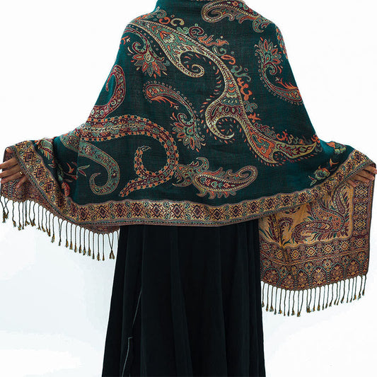 Buddha Stones Bohemia Style Tibetan Paisley Floral Pattern Tassel Cozy Scarf Shawl