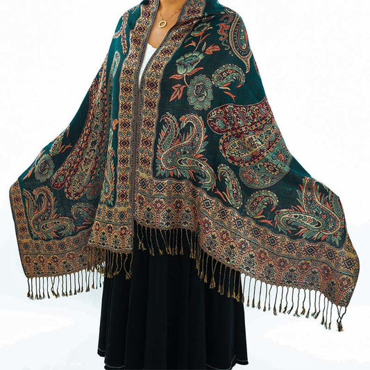 Buddha Stones Bohemia Style Tibetan Paisley Floral Pattern Tassel Cozy Scarf Shawl