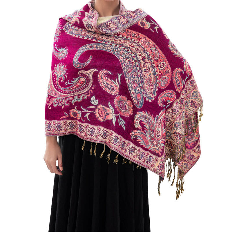 Buddha Stones Bohemia Style Tibetan Paisley Floral Pattern Tassel Cozy Scarf Shawl