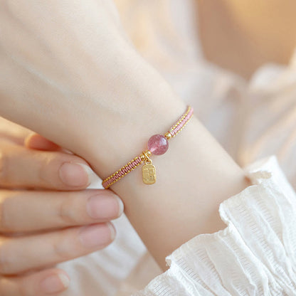 Buddha Stones Handmade Strawberry Quartz Hetian Jade Bead Fu Character Healing Bracelet