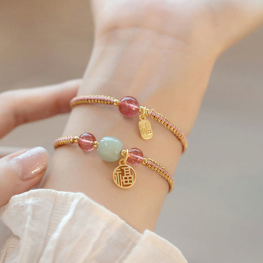 Buddha Stones Handmade Strawberry Quartz Hetian Jade Bead Fu Character Healing Bracelet