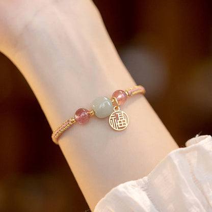 Buddha Stones Handmade Strawberry Quartz Hetian Jade Bead Fu Character Healing Bracelet